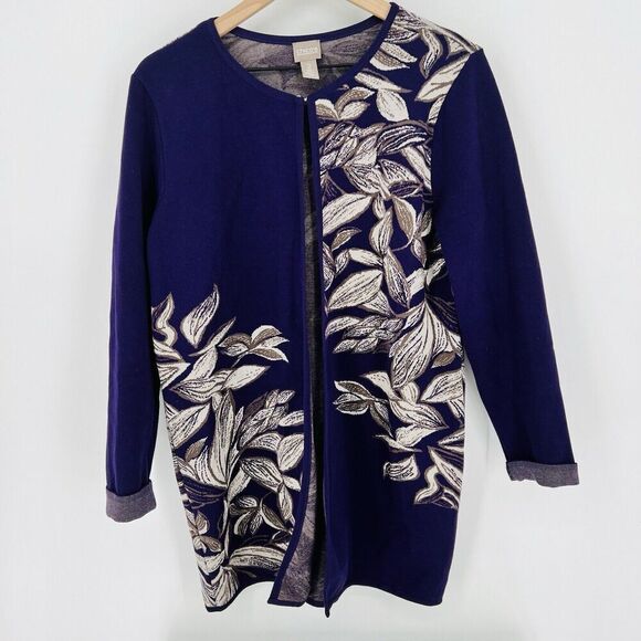 Chico’s ‘Lovely Leafs’ Gilara Jacquard Cardigan Blue/Gray Size Large - Picture 1 of 6
